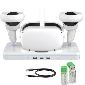 VR Charging Station for Oculus/Meta Quest 2 VR Accessories Charging Station with 2 Rechargeable Batteries&3 USB Adjustable RGB Marquee(for Quest 2)