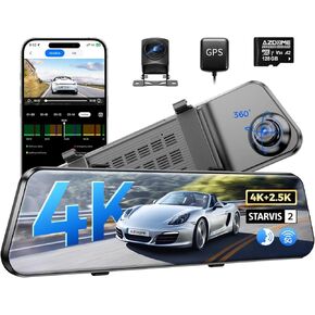 Azdome PG17 Pro Mirror Dash Cam الأمامي والخلفي مع HDR ، كاميرا مرآة View starvis 2 مع WiFi 5G ، 4K+2.5K DASHCAM ، ترقية OTA ، تشغيل الجدول الزمني ، مساعدة وقوف السيارات ، التحكم الصوتي ، بطاقة 128GB