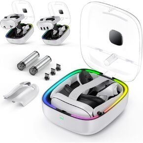 Charging Dock Compatible with Meta Quest 3S/3,Charging Station Case with 2 Rechargeable Batteries,RGB Lights for 3S Headset and Touch Controllers-White(Not Fit Elite Headstrap)
