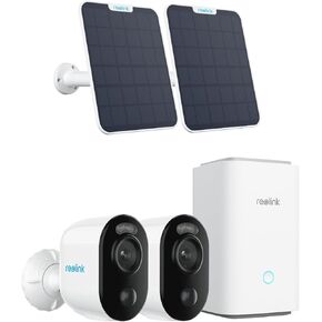 أعد إعادة تشغيل Home Hub مع 2x Argus 3e+Solar Panel- 2K 3MP كاميرات للأمن الداخلي للأمن المنزلي خارج ، والاكتشاف الذكي ، وبطاقة microSD 64 جيجابايت ، وتخزين محلي مشفرة ، لا توجد رسوم شهرية