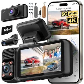 REDTIGER 4K 3 Channel Dash Cam, 5GHz WiFi Built-in GPS with Multi-Size Hardwire Kit with 64GB Card, 2160P+1080P+1080P Front and Rear Inside