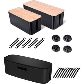 2 Pack Large Cable Management Box & Medium Cord Box– Wooden Style Cord Organizer and Cover for TV Wires, Computer, Router, USB Hub and Under Desk Power Strip – Safe ABS Material and Baby-Pets Proof