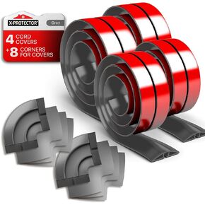 X-Protector 4 Grey Floor Cord Covers + 8 Corners – 5’ Overfloor Cord Protector – Self-Adhesive Power Cable Protector – Silicone Cord Protector – Ideal Extension Cord Cover to Protect Wires