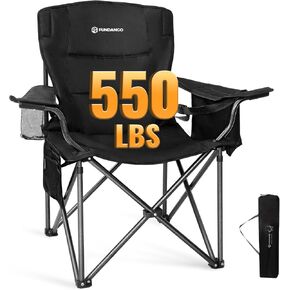 FUNDANGO Oversized Camping Chair for Adults, 550 Lbs Portable Folding Beach Fishing Lawn Chair with Cushion seat & Back, 4-can Cooler&Cup Holder, Carry Bag Included for Outdoor (Black)