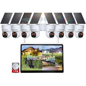 Blacklight Solar Security Wireless Camera System with 10" Monitor, 2K F1.0 8PCS Super Aperture PTZ Battery Powered Cameras for Home Security, Pre-Installed 1TB HDD, True Full Color Night Vison