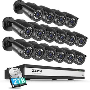 ZOSI 3K Lite 16CH 16pcs Wired 1080P Security Camera System, AI Human Vehicle Detection, Night Vision, H.265+ 16 Channel CCTV DVR with 2TB HDD for 24/7 Recording