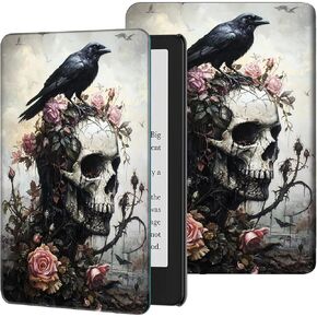 Case for 7" All-New Kindle Paperwhite (12th Generation, 2024) and Kindle Colorsoft Signature Edition Slim Lightweight PU Leather Adjustable Smart Shell Cover with Auto Wake/Sleep, Crow Skull