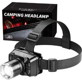 Rechargeable LED Headlamp, 6 Light Modes with Red & Blue Strobe, Zoomable Beam, 90° Adjustable Waterproof Headlamp for Camping, Hiking, Fishing, Outdoor Work