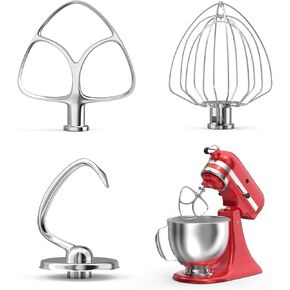 Stainless Steel Kitchen Mixers Accessories for KitchenAid Mixer and 5.5-6 Qt Bowl (KN256 6-Wire Whip, 5.5-6QT Flat Beater, 6QT Dough Hook Attachment) Dishwasher safe