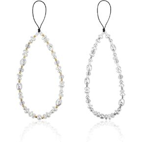 2pcs Pearl Beaded Phone Charm, Irregular Pearls Bead Wrist Strap Cell Phone Wristband Anti-Lost Bracelet Chain Wristlet Stationery Decoration Lanyard for Women Cellphone Keychain