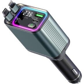 4 in 1 Retractable Car Charger with RGB Light, 92W Fast Charging USB C Car Adapter, Compact Car Phone Charger for iPhone/Galaxy/Pixel, Road Trip Essentials Car Accessories for Men Women