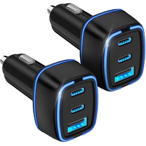 USB C Car Charger, 3 Port PD Super Mini Cigarette Lighter Adapter, 2Pack USB-C & A Fast Car Charging for iPhone 16/15 Pro Max, Galaxy S25/S24, iPad, Pixel, Android Phones,Travel Essentials for Men