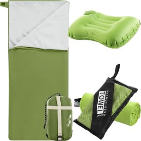3 Pcs Ultra Lightweight Sleeping Bag Set for Adults Portable Warm Weather Sleeping Bag with Inflatable Pillow Double Sided Travel Towel Fast Drying Camping Kit for Summer Hiking Outdoor