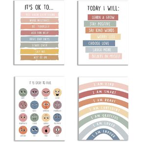 KEUSPI Mental Health Boho Educational Feelings Psychology Wall Art Poster Prints Posters For Kids Classroom Therapy Office School Counseling Office Decor Decorations Unframed 8x10 Inches Set of 4