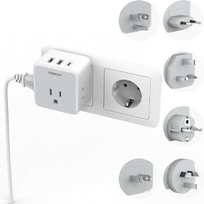 TESSAN Universal Travel Adapter Kit, 6-in-1 International Power Adapter with 3 USB (1 USB C) and 3 AC Outlets, Wordwide Adaptor Supports Type C, G, E/F, I, A, B for US EU UK Australia Japan, Grey