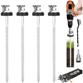 4 Pcs 12" Drillable Threaded Long Hook Top Packs Tent Stakes, Heavy Duty Hardened Steel Ground Pegs for Grassland Garden Tents Canopies Awnings Camping Travel (Hex Tool and Storage Bag)
