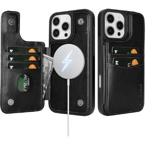 Compatible with Magsafe for iPhone 16 Pro Wallet Case with Card Holder,Women Men Phone Case PU Leather Kickstand Flip Protective Cover Credit Card Slots,for Apple 16 Pro 6.3",Black
