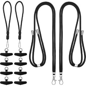 Phone Lanyard, 8 PCS Stainless Steel Phone Tether Tab 2 PCS Adjustable Phone Strap Crossbody and 2 PCS Adjustable Phone Wrist Strap, Black