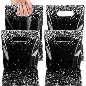 Pasimy 50 Pcs Black and Gold Party Favor Gift Bags Die Cut Plastic Treat Goodie Merchandise with Handle for Birthday Party Wedding Bridal Baby Shower Christmas New Year Gift Supplies in Kuwait