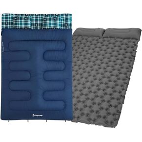 KingCamp Queen Size 2 Person Double Sleeping Bags with Pillows for Adults, 20 Degree Lightweight Backpacking Quilts, with Sleeping Pads Self Inflating Camping Mattress with Built-in Foot Pump, Connect