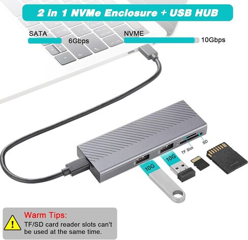Nvme Enclosure, M.2 SSD Adapter USB 3.2/USB3.1 Gen 2 10Gbps SSD Enclosure with 2 USB 10G A Ports & SD/TF Card Reader Tool-Free for M.2 NVMe/SATA SSD in 2242/2260/2280 in Saudi Arabia