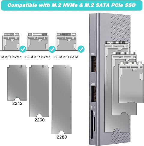 Nvme Enclosure, M.2 SSD Adapter USB 3.2/USB3.1 Gen 2 10Gbps SSD Enclosure with 2 USB 10G A Ports & SD/TF Card Reader Tool-Free for M.2 NVMe/SATA SSD in 2242/2260/2280 in Saudi Arabia