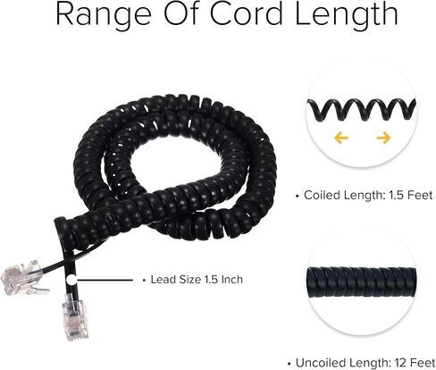 Reliable 1.5 Inch Lead Handset Cord - Black Telephone Cable for Professional Use with Excellent Flexibility and Strength - 12 FT in Kuwait