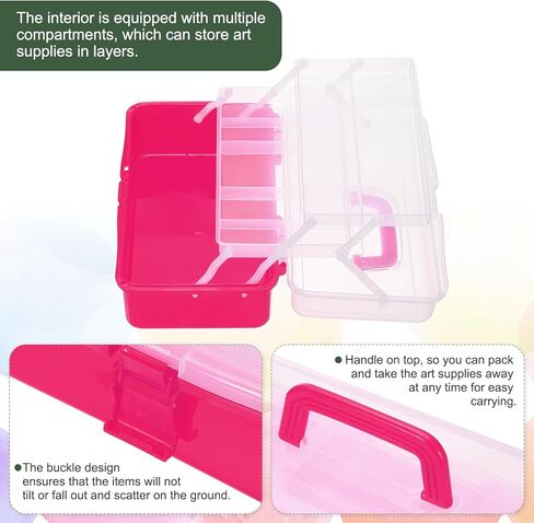 yokive art supply storage storage ، صندوق تخزين للأداة الفنية صندوق 3-tray Craft Box Supplies منظم مع مشبك مقبض للفرش الطوابع ، الوردي الفاتح in Kuwait