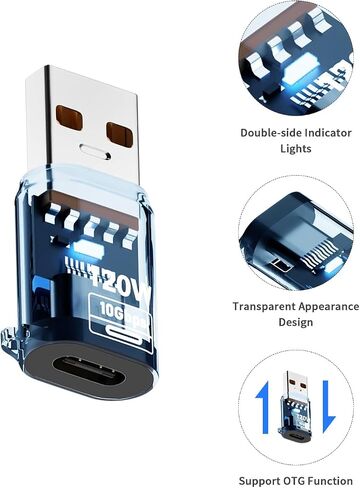 Poyiccot 10Gbps USB C Female to USB A Male Adapter 120W, USB 3.2 Type C to Type A Charger OTG Converter Transparent Compatible for iPhone 11 12 13 14 15 Pro Max, Galaxy S20 S22 S23, Earphone, Blue in Saudi Arabia