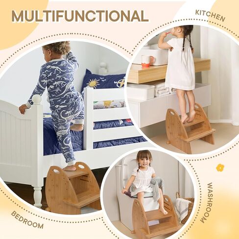 مقعد خشبي بخطوتين للأطفال، مقعد ثلاثي الارتفاع قابل للتعديل للأطفال الصغار، تصميم على شكل طائر من الخيزران، سعة 300 رطل، مثالي للحمام والمطبخ وغرفة النوم in Kuwait