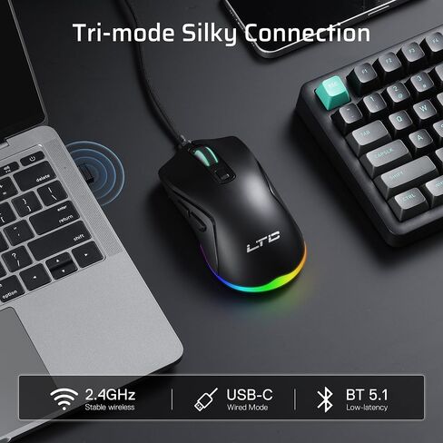 LTC GM025 Tri-Mode Wireless Gaming Mouse ، 12000 DPI PAW3311 Sensor ، Mouse Mouse 2.4GHz/BT/Wired ، 6 أزرار قابلة للبرمجة ، إضاءة RGB القابلة للتخصيص ، PRO PROGRAME in Kuwait