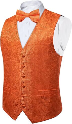 DiBanGu Silk Paisley Vest for Men Formal Suit Waistcoat and Bowtie Lapel Pin Set 7PCS Dress Vest for Suit or Tuxedo in Kuwait