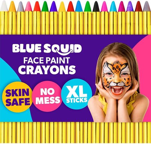 Blue Squid Body Crayon Sticks & Face Paint Kit Bundle - 18 XL Crayons & Markers for Skin & 18-color Face Painting Kit for Kids with 24x Stencils, Brushes, and Design Book, Ideal for Toddlers & Parties in Saudi Arabia