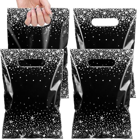 Pasimy 50 Pcs Black and Gold Party Favor Gift Bags Die Cut Plastic Treat Goodie Merchandise with Handle for Birthday Party Wedding Bridal Baby Shower Christmas New Year Gift Supplies in Kuwait