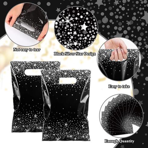 Pasimy 50 Pcs Black and Gold Party Favor Gift Bags Die Cut Plastic Treat Goodie Merchandise with Handle for Birthday Party Wedding Bridal Baby Shower Christmas New Year Gift Supplies in Kuwait