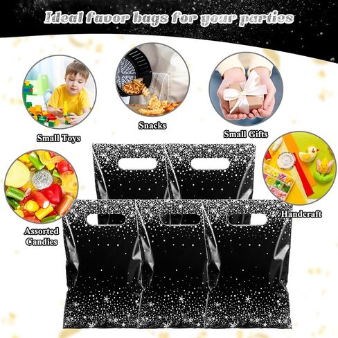 Pasimy 50 Pcs Black and Gold Party Favor Gift Bags Die Cut Plastic Treat Goodie Merchandise with Handle for Birthday Party Wedding Bridal Baby Shower Christmas New Year Gift Supplies in Kuwait