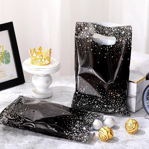 Pasimy 50 Pcs Black and Gold Party Favor Gift Bags Die Cut Plastic Treat Goodie Merchandise with Handle for Birthday Party Wedding Bridal Baby Shower Christmas New Year Gift Supplies in Kuwait