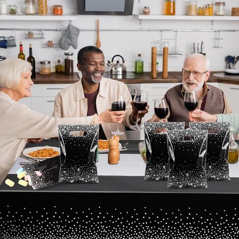 Pasimy 50 Pcs Black and Gold Party Favor Gift Bags Die Cut Plastic Treat Goodie Merchandise with Handle for Birthday Party Wedding Bridal Baby Shower Christmas New Year Gift Supplies in Kuwait