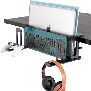 6-in-1 Desk Side Storage Adjustable 2 Tier Under Desk Laptop Holder with Headphone Stand No Drilling Clamp On Organizer Anti-Slip Under Table Storage for Keyboard, Files, Controllers Black