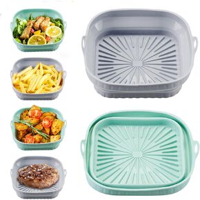 2-Pack Air Fryer Silicone Liners Collapsible, 8 Inch Foldable Air Fryer Silicone Pots Square, Easy Cleaning Air Fryer Oven Accessories, Fit for Air Fryer 5QT or Bigger (8" Square: Grey+ Green)