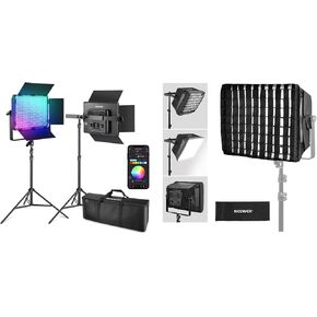 NEEWER 2 Pack PL60C RGB LED Panel Video Light Kit with 6.6ft/2m Light Stands/Bag/Softbox Diffuser, APP/2.4G/DMX Control, 60W 23000lux/0.5m 2500K-10000K 18 Scenes RGBCW Pro Photography Studio Lighting