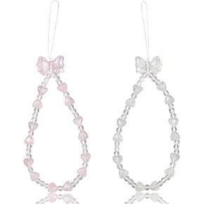2 Pack White & Pink Sparkling Bowknot Love Beaded Chain-Phone Lanyard Set, Multi-Purpose Cellphone Bag Key Accessory, Aesthetic Wrist Strap for Women Girls - Sparkle