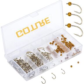 Goture 240/520pcs Fly Fishing Hooks and Beads Set Nymph Hook Dry Fly Hook Fly Tying Beads Head Ball Carbon Steel Fly Tying Hooks