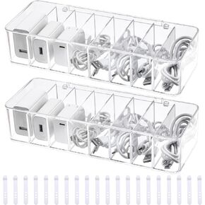 2 Packs Cable Organizer with 20 Wire Ties Cord Storage Box Cable with Lid Electronics Charger Wire Organizer Accessories Storage Case for for Drawer Office Home Desk Art Accessories Supp