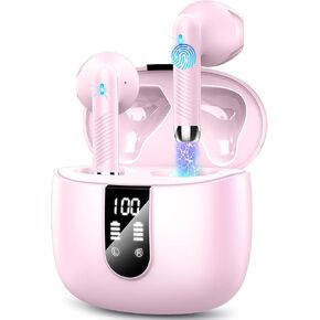 Wireless Earbuds, Bluetooth Headphones V5.4 Stereo Bass Ear buds with ENC Noise Cancelling Mics, 40H Bluetooth Earbuds with LED Display Charging Case, IP7 Waterproof Earphones for Android iOS, Pink