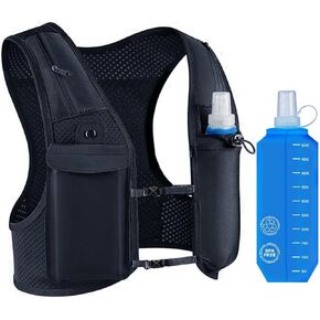 Running Vest for Men Women, Hydration Vest with Adjustable Chest Straps, Breathable Reflective Vest for Strength Training with 500ml Soft Flask & 6 Pockets for Running Accessories