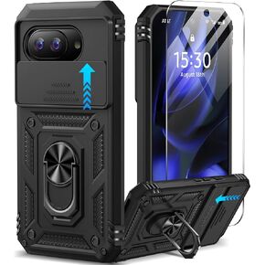 for Google Pixel 9A Case with Screen Protector & Slide Camera Lens Cover,Built-in 360°Rotate Magnetic Ring Stand Shockproof Protective Phone Case for Google Pixel 9A Case (Blue)