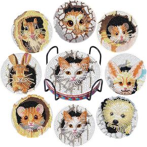 8 PCS Diamond Art Coasters Kit و Diamond Painting Coaster مع حامل ، وأطقم فنية للماس ، للمبتدئين للبالغين ، وفنون ، ومواد لوازمة الحفلات ، مجموعة عناصر الحفلات