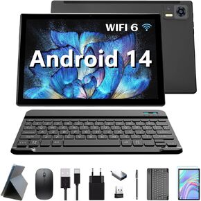 Android 14 Tablet 10 inch, 2024 Latest WiFi 6, 8+64GB ROM (1TB TF Support), Octa-Core| Google GMS Certification| 5+13 MP| 1.8GHz| 6000 mAh| Tablet with Keyboard Mouse Pen, Support Bluetooth 5.0