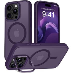 for iPhone 15 Pro Case, Compatible with Magsafe, Built-in Invisible Stand, Military-Grade Protection, Anti-Scratch Translucent Matte Hard Back Shockproof Protective Phone Case, Black